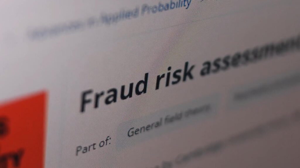 A computer screen with Fraud Risk Assessment displayed.