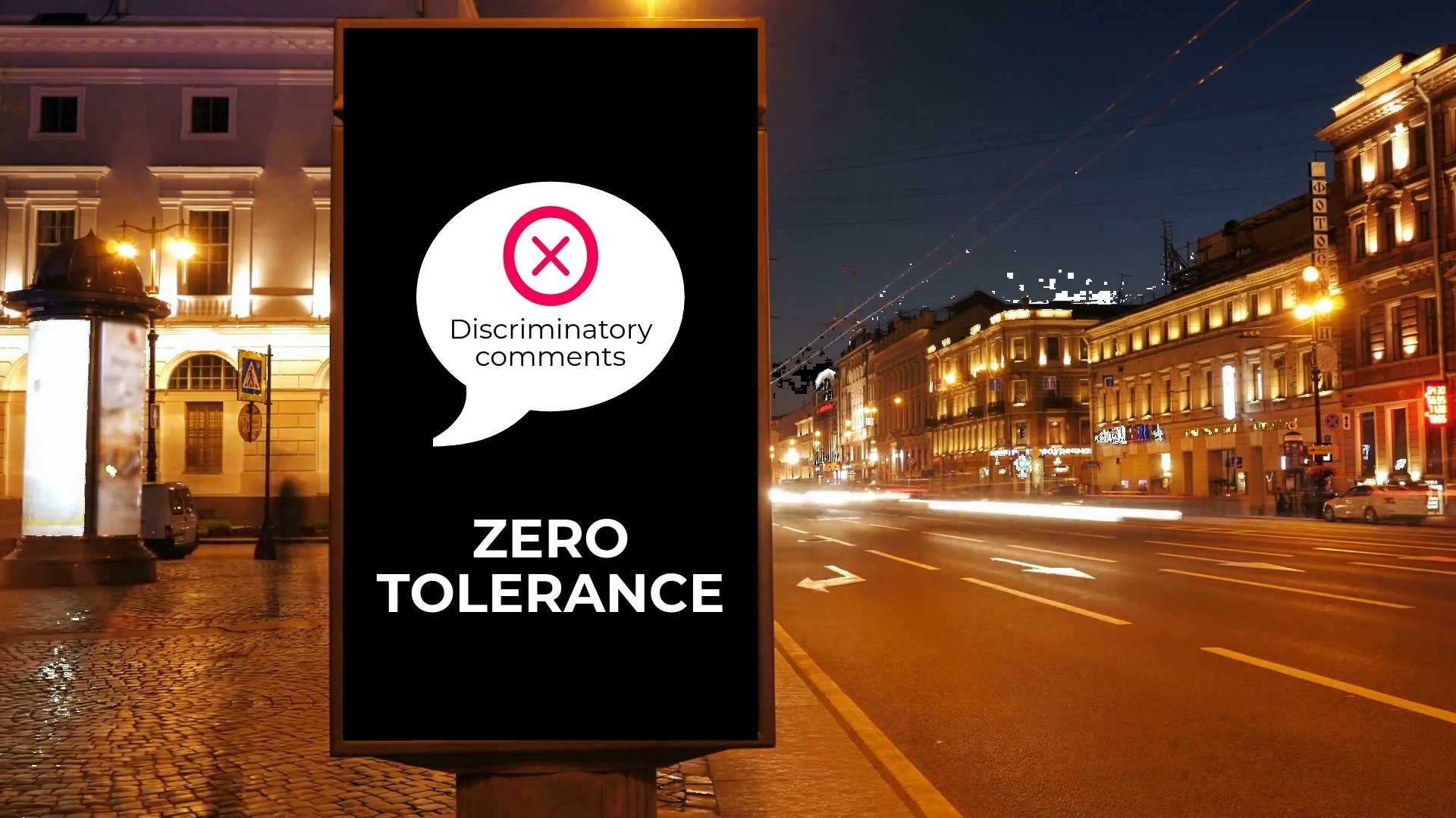 Poster displaying workplace zero-tolerance policy against discrimination